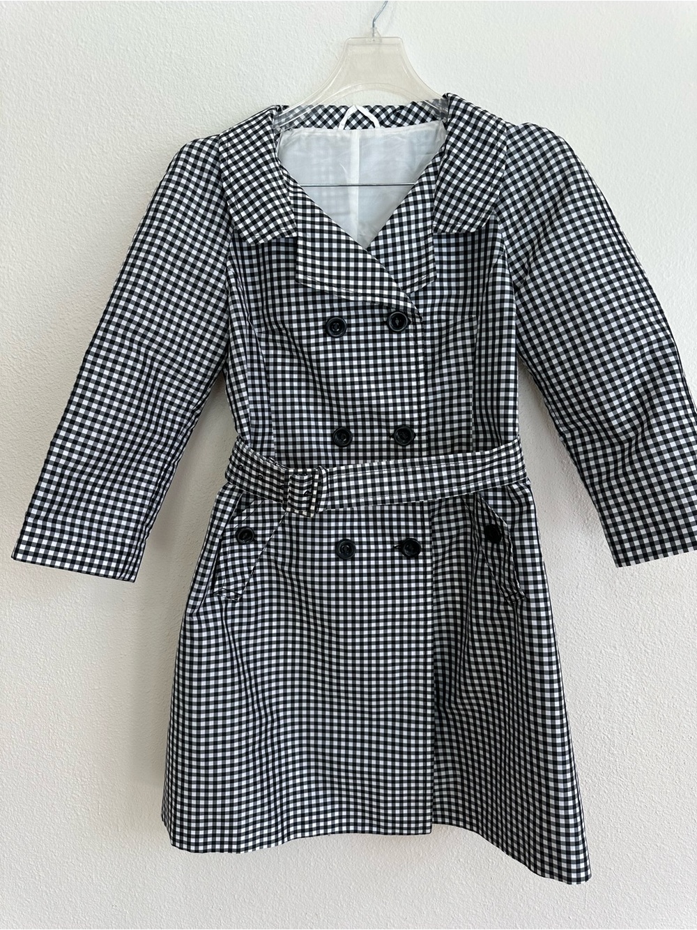 United Colors Of Benetton Black/White Gingham Double-Breasted Trench Rain Coat 8
